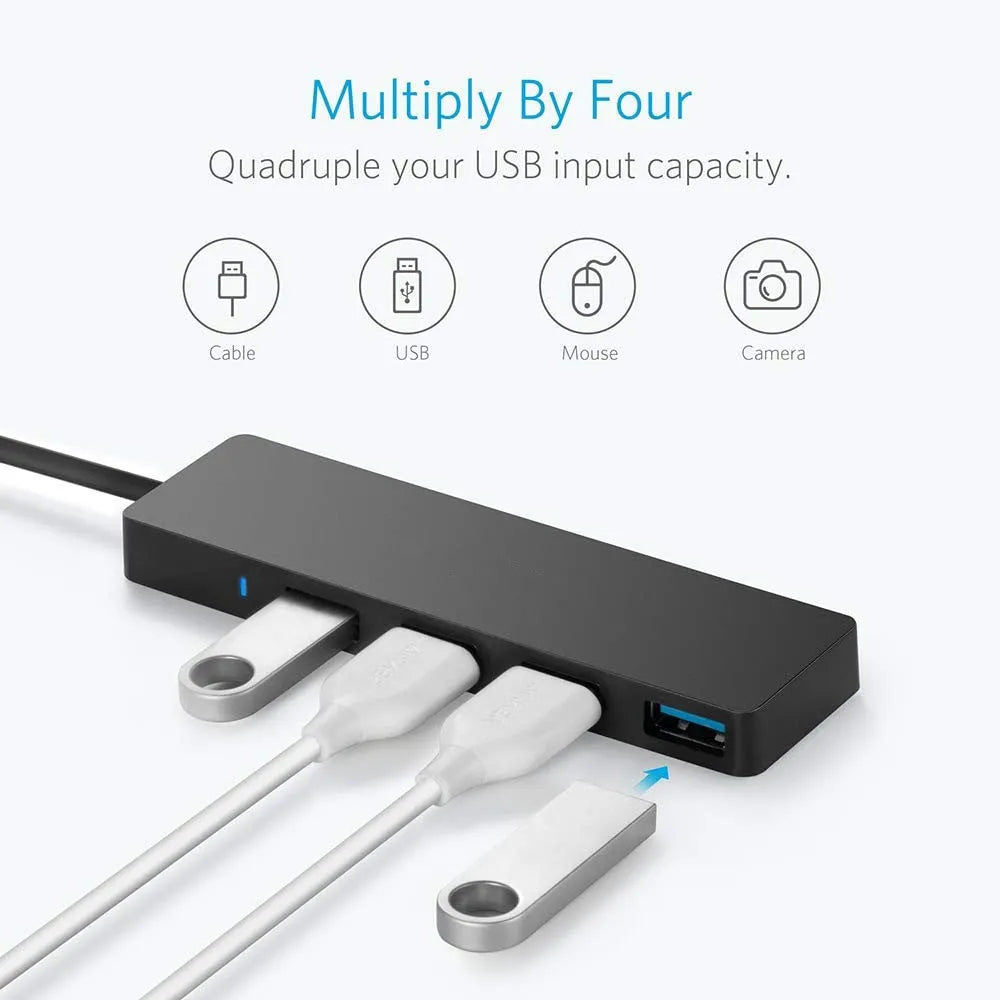 USB 3.0 hub with 4 ports, LED indicators, and 30cm cable for high-speed data transfer