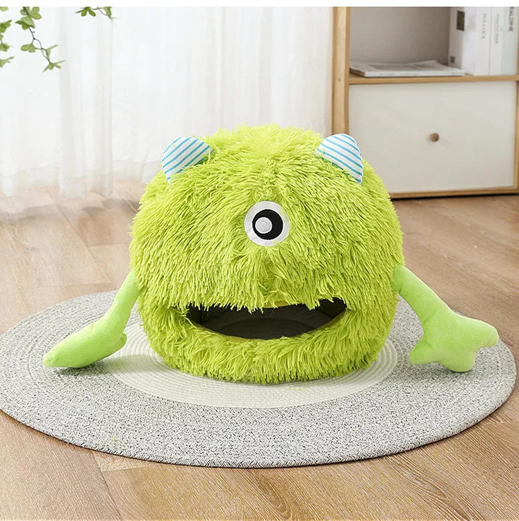 Fluffy round plush cat bed on a floor, shown in small, medium, and large sizes.