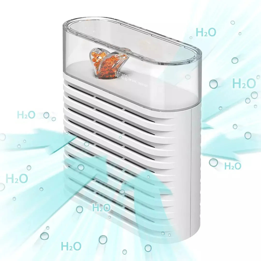 White recyclable cabinet dehumidifier box with clear top showing colour-changing silica gel beads.
