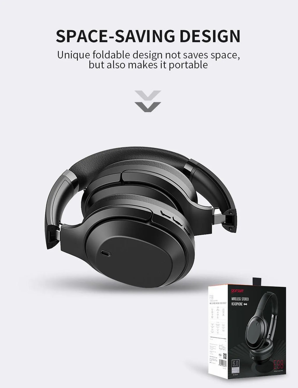 Black wireless Bluetooth headphones with memory-protein ear cushions and adjustable stainless steel headband