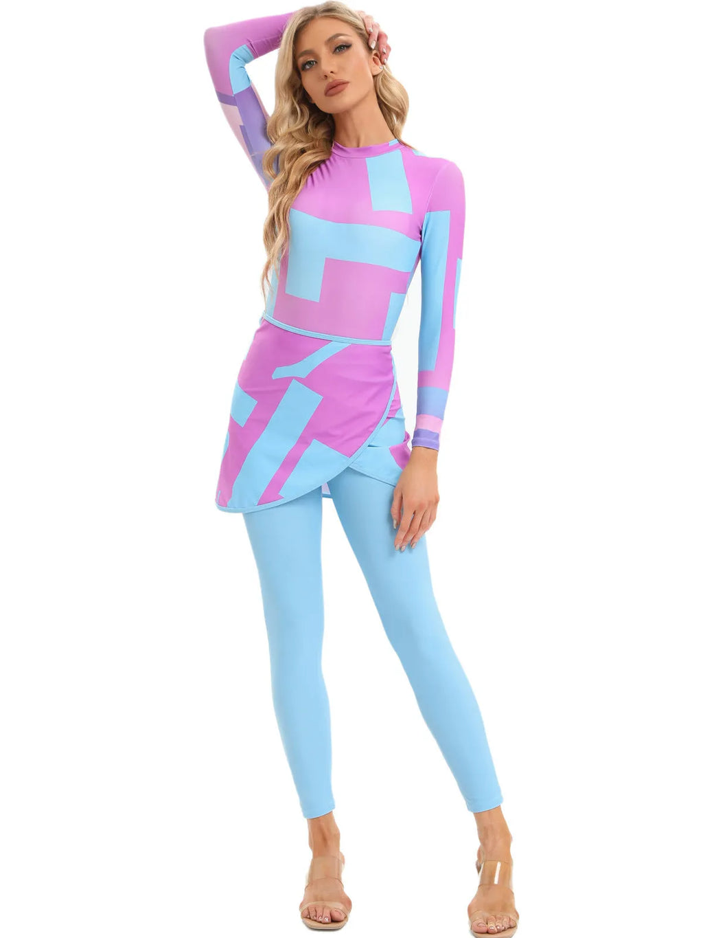 Conservative Muslim swimsuit three-piece set with a matching apron in a blue colour.