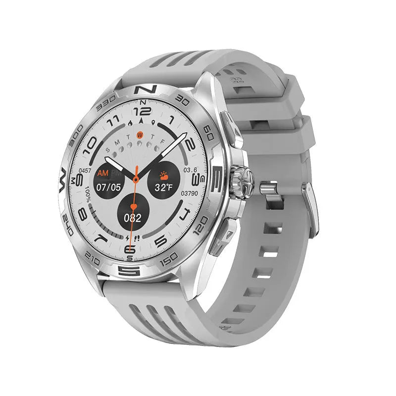 Black steel smartwatch showing display with health stats and WhatsApp notification on wrist