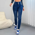 Dark blue women's denim trousers with a breasted front and straight-leg cut on a mannequin