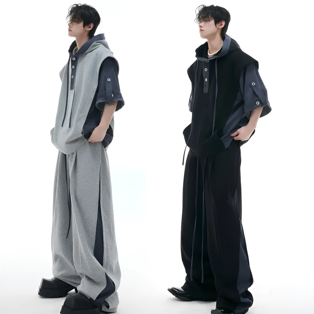 Men's hooded polyester tracksuit set with three-dimensional stitching in black or grey colours