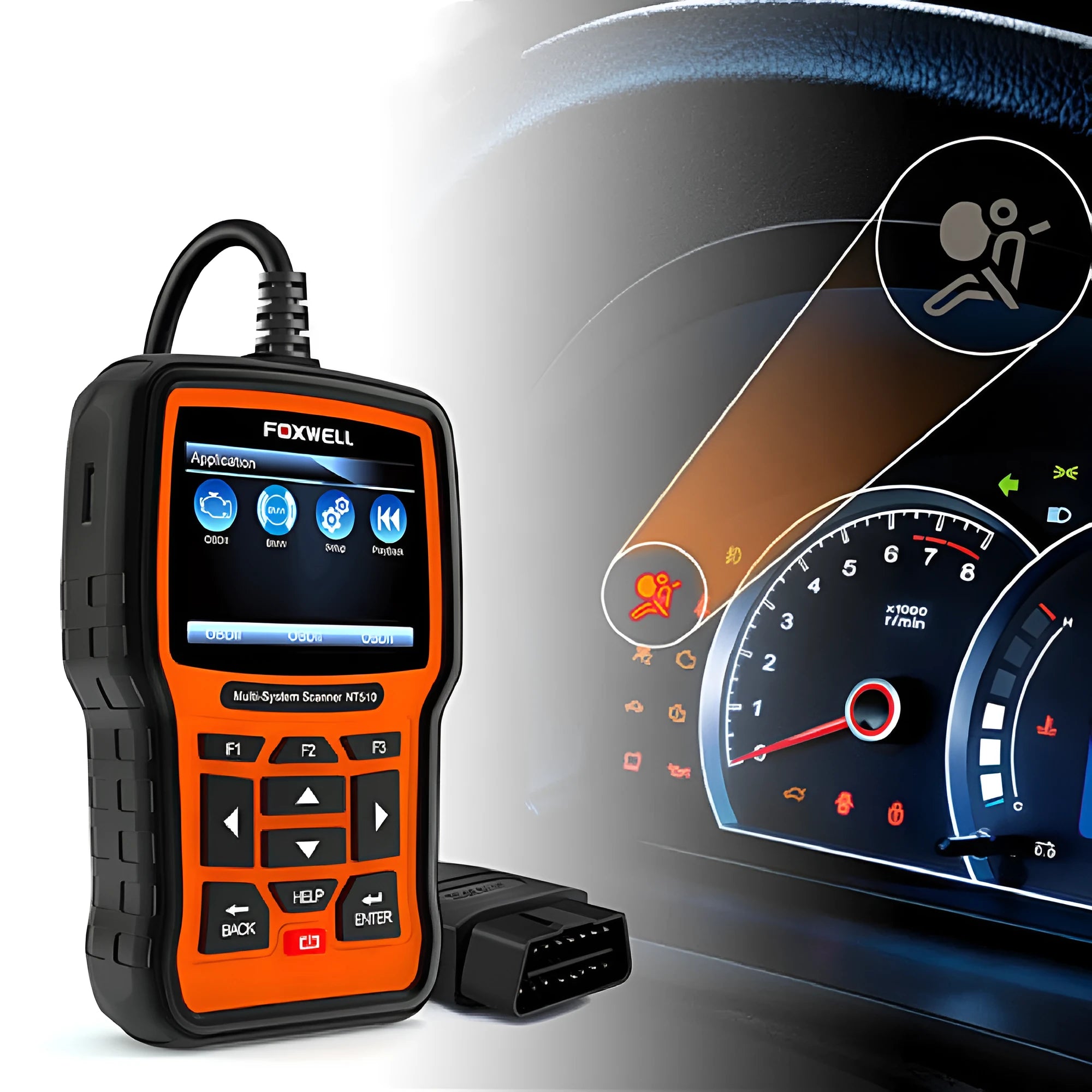 Foxwell NT510 orange and black automotive diagnostic tool with OBD2 cable and large colour screen