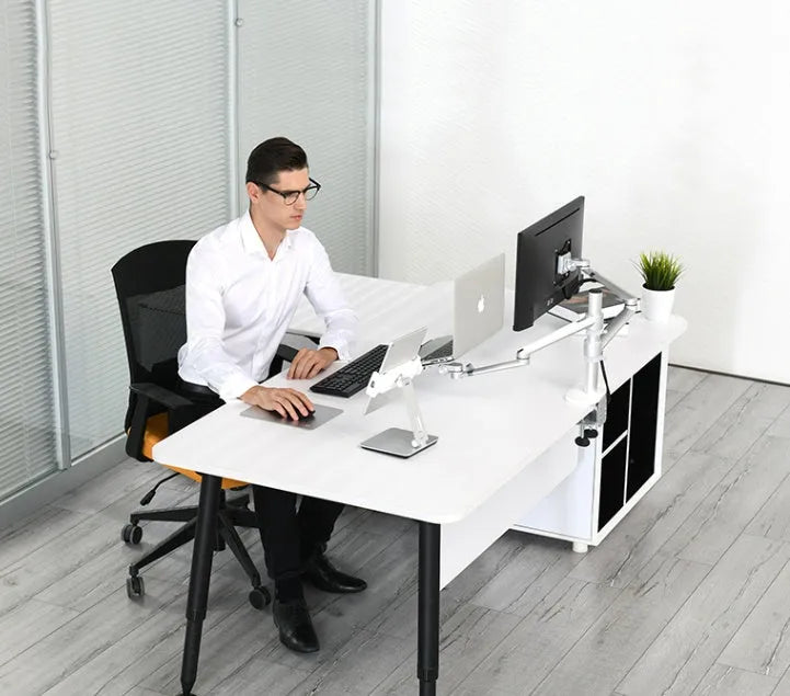 Folding aluminium phone and tablet stand with 360-degree rotation in silver colour