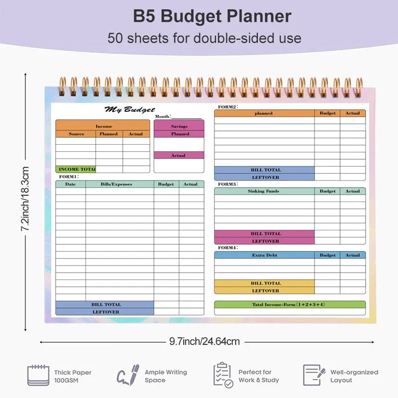 B5 budget tally book with blue PP cover and spiral binding, open on a table.