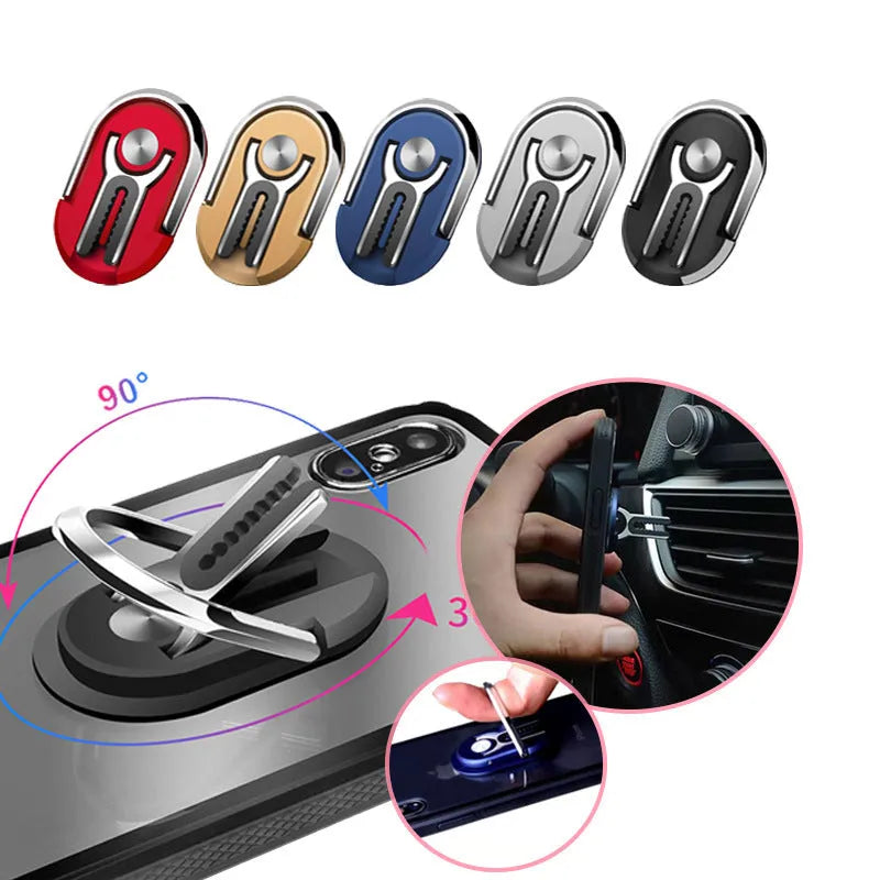 Black car phone bracket mounted on air vent with phone secured, showing adjustable ball mechanism