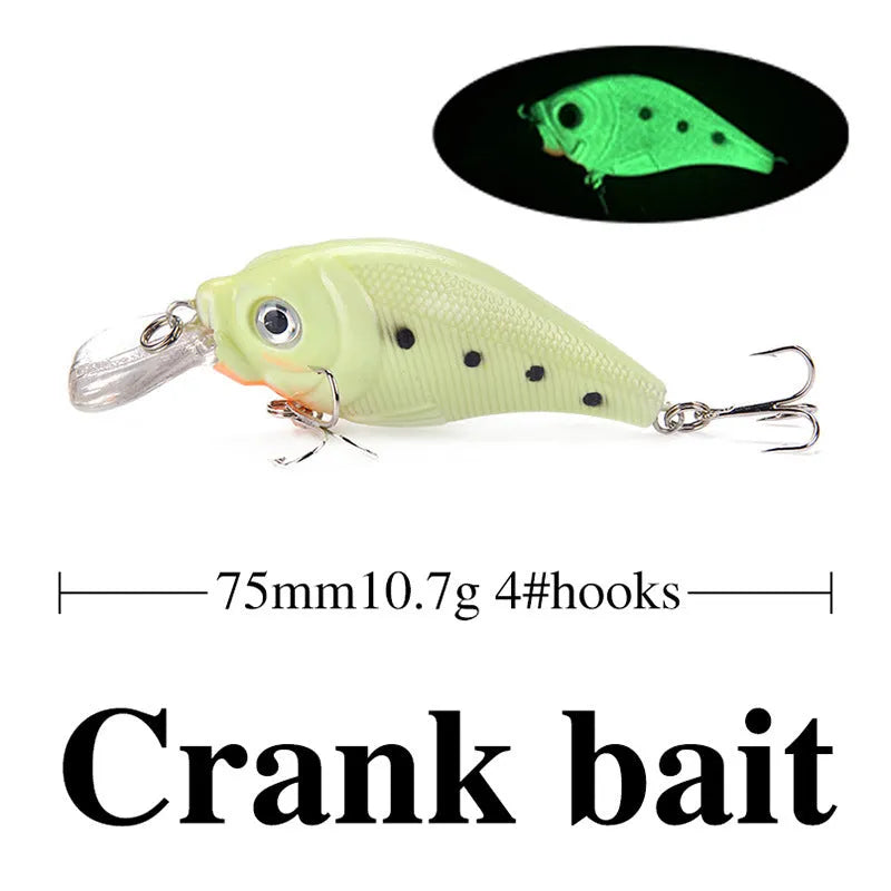 Five hard bait fishing lures with 3D fluorescent patterns and luminous elements in coordinated colour options
