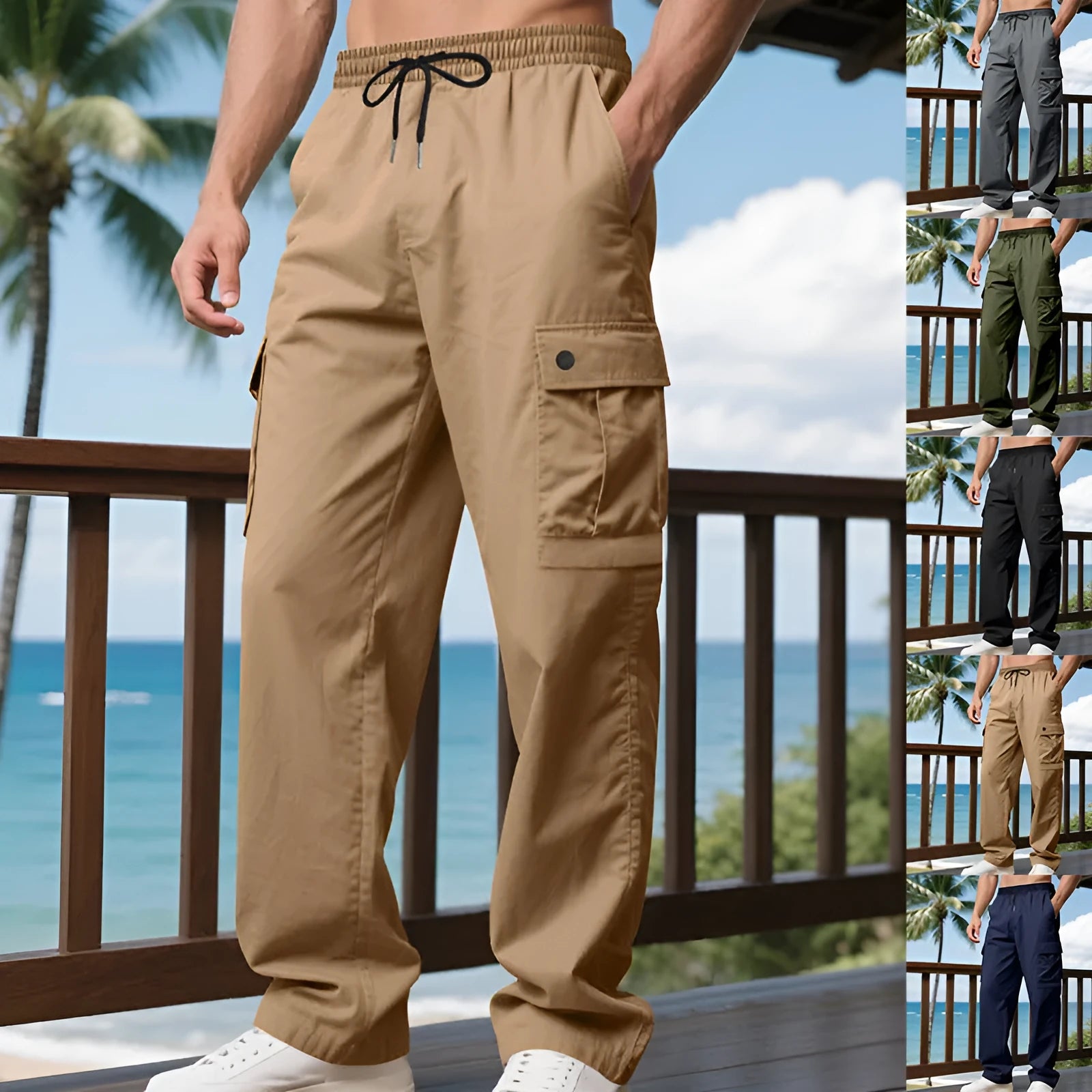 Men's loose multi-pocket cargo trousers in khaki, straight-leg polyester pants with side pockets