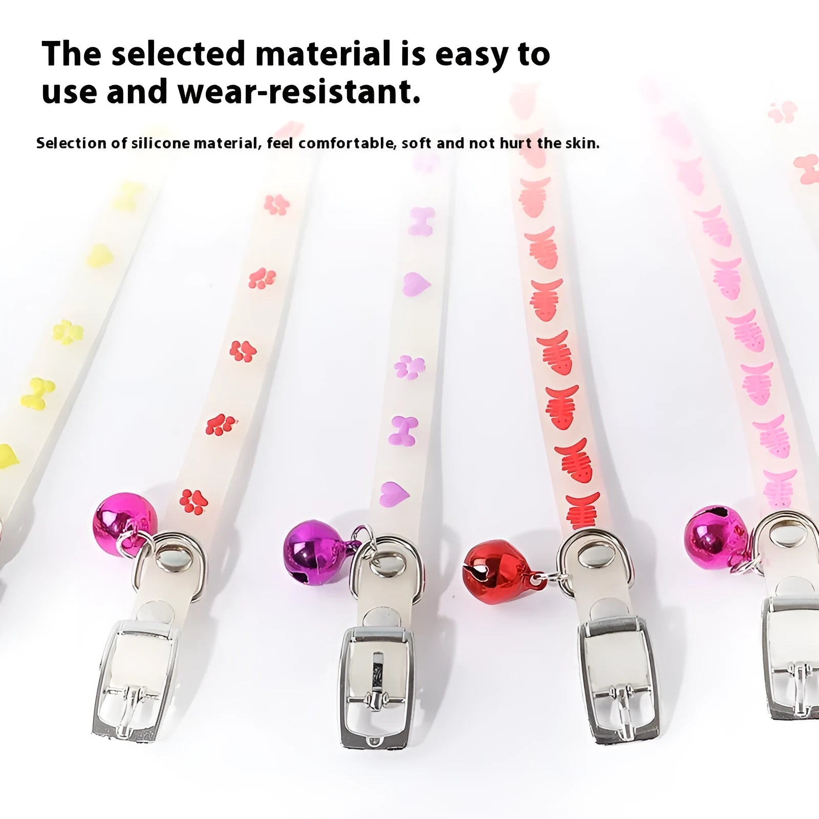 Luminous cat collar with adjustable silicone chain and metal bell in paw print design