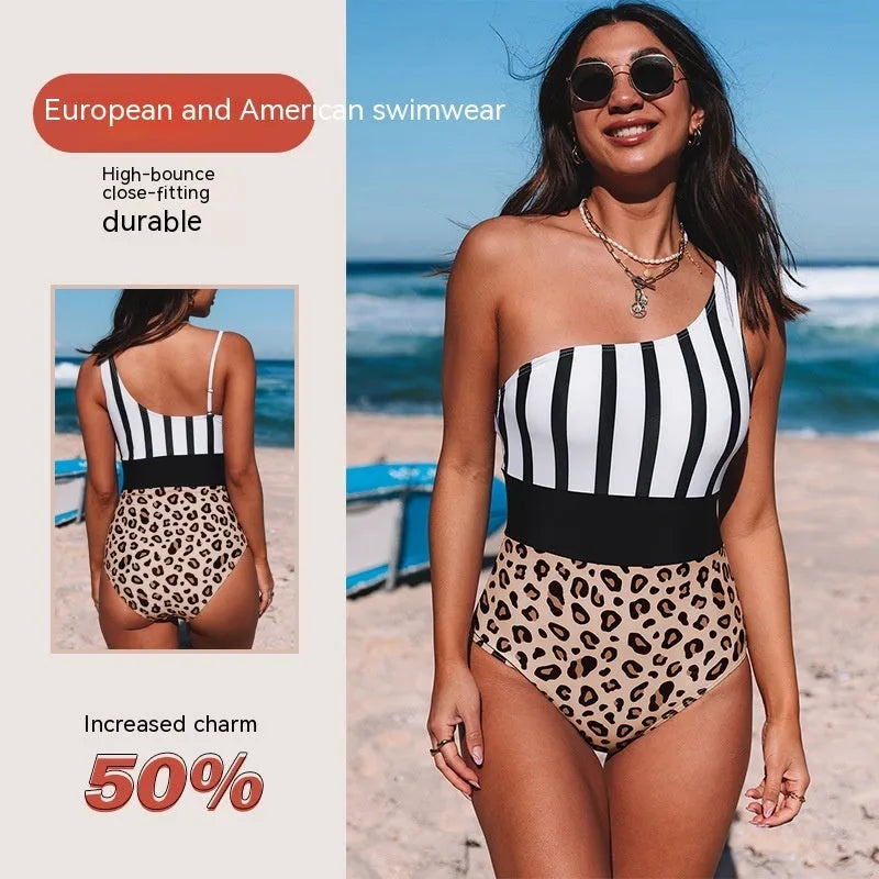 Women's leopard print one-piece swimsuit with asymmetric collar and high-waist briefs style.