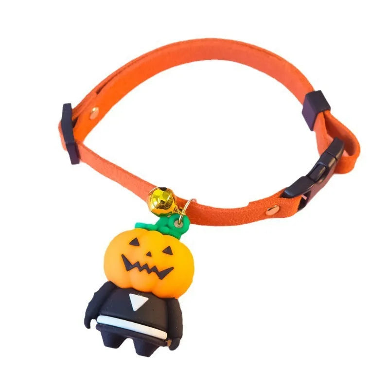 Halloween pet collar decoration with luminous skull pattern shown on adjustable polyester strap