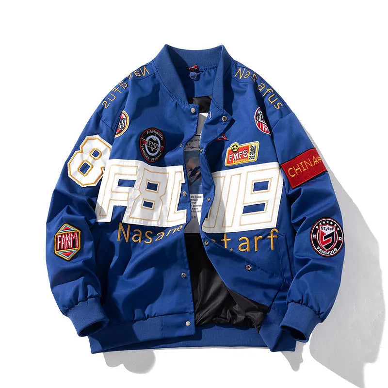 American motorcycle baseball uniform in black, blue, or red with removable hood and side pocket