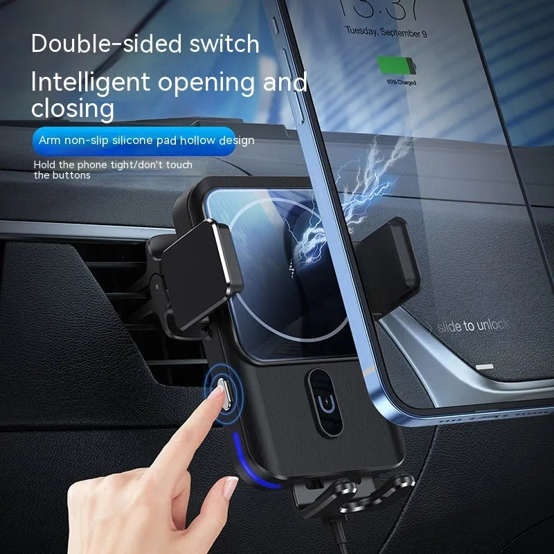 Black car wireless charger mobile phone holder with 15W fast charging featuring suction cup and clip bracket options
