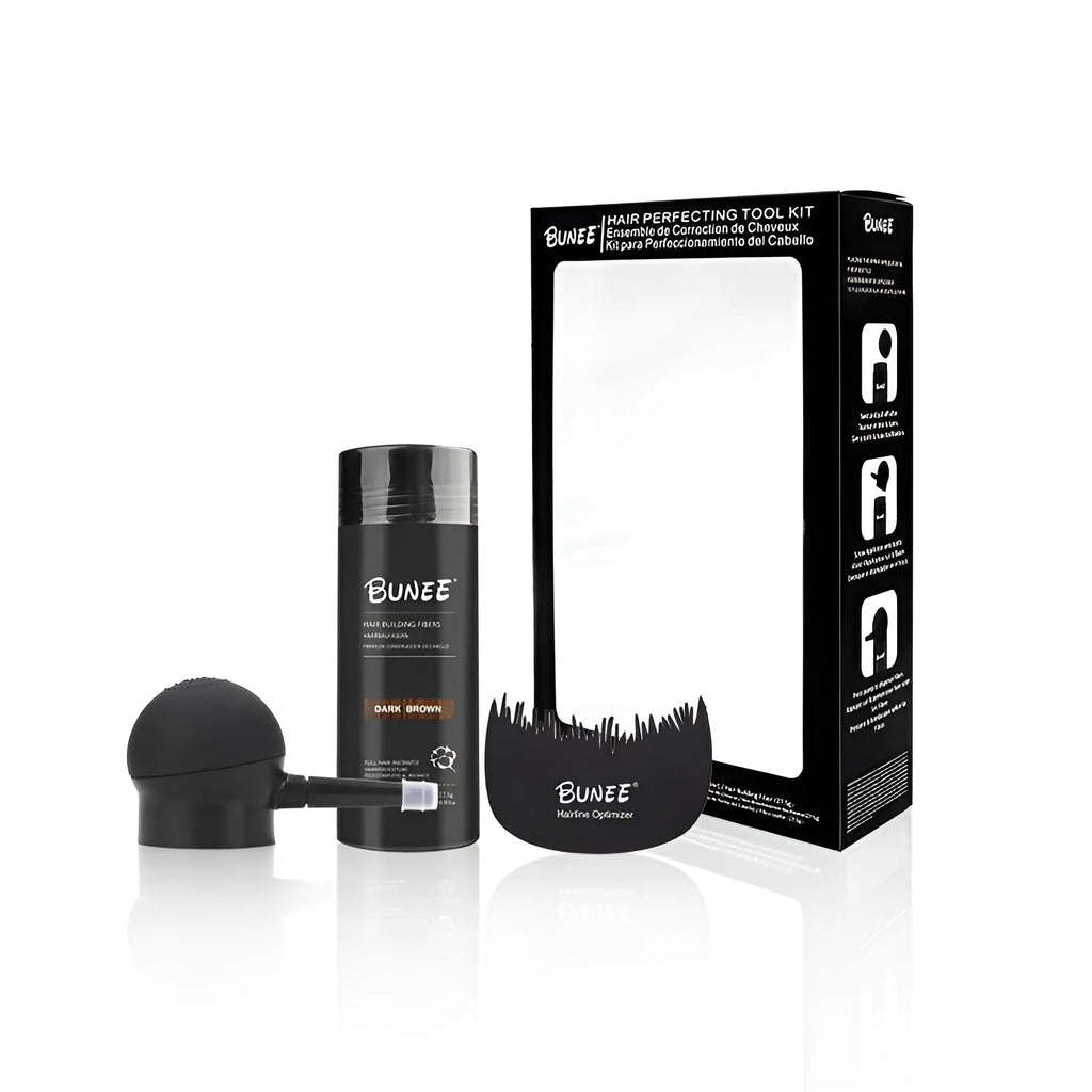 Boxed three-piece hair fibre powder set with spray bottle and comb for thinning hair coverage.