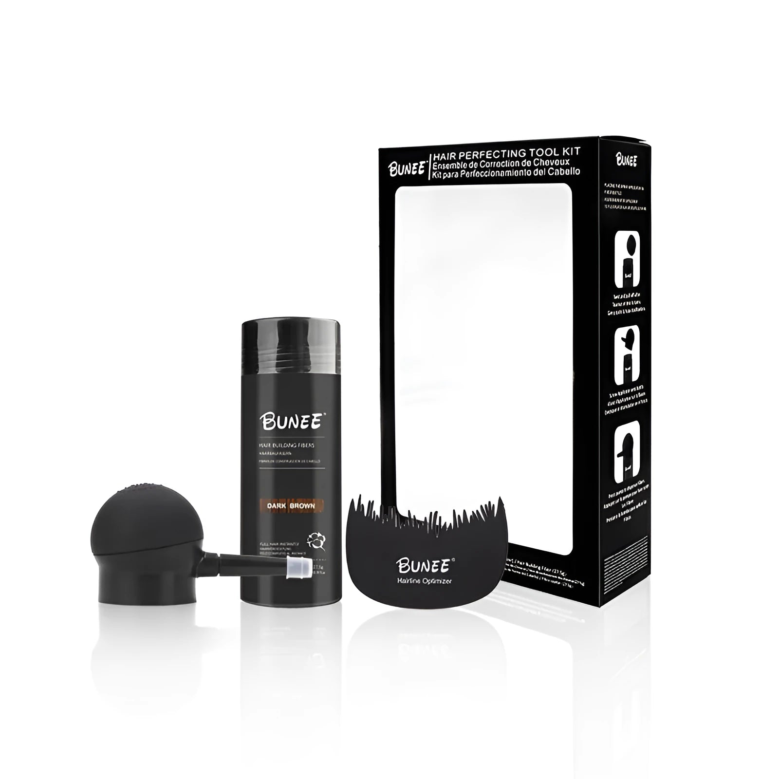 Boxed three-piece hair fibre powder set with spray bottle and comb for thinning hair coverage.