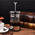 350ml glass coffee maker with stainless steel permanent filter, measuring 10cm wide by 8cm deep by 17cm tall