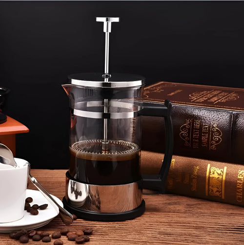 350ml glass coffee maker with stainless steel permanent filter, measuring 10cm wide by 8cm deep by 17cm tall