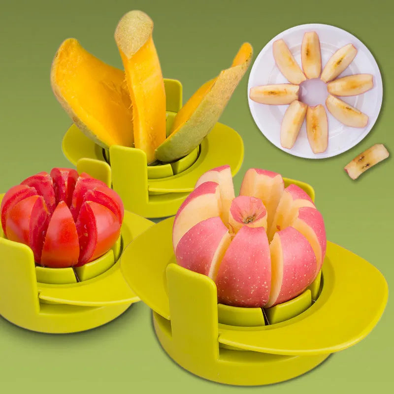 Green kitchen fruit slicer set with apple, tomato, and mango cutters on a stable base