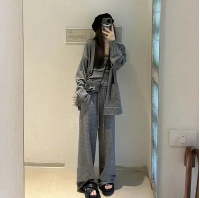 Women's knit cardigan suspender pants three-piece set in loose Japanese Korean casual style