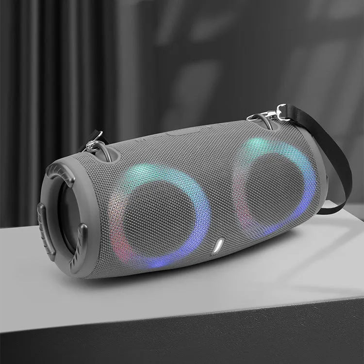 War Drum portable Bluetooth speaker with coloured RGB lights in black, blue, red, silver grey, or camouflage.