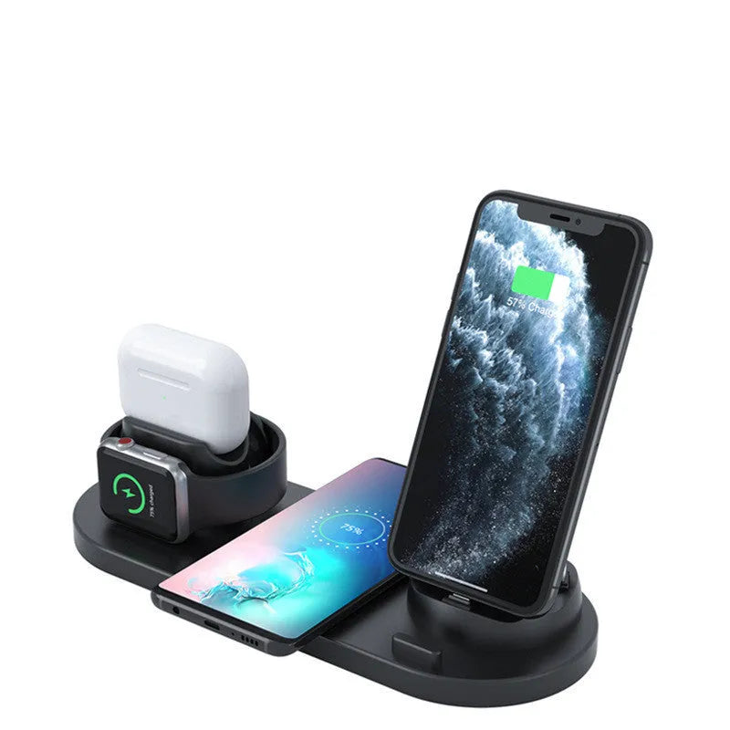 Black 6-in-1 wireless charging station with phone holder charging iPhone, AirPods, and Apple Watch