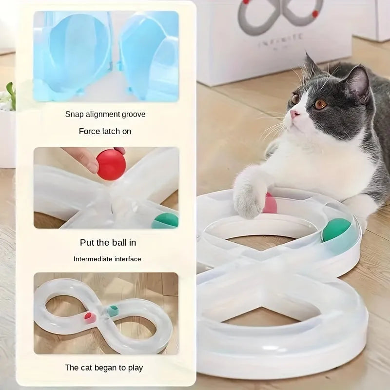 Blue and white cat turntable track ball toy with spinning mechanism for interactive play