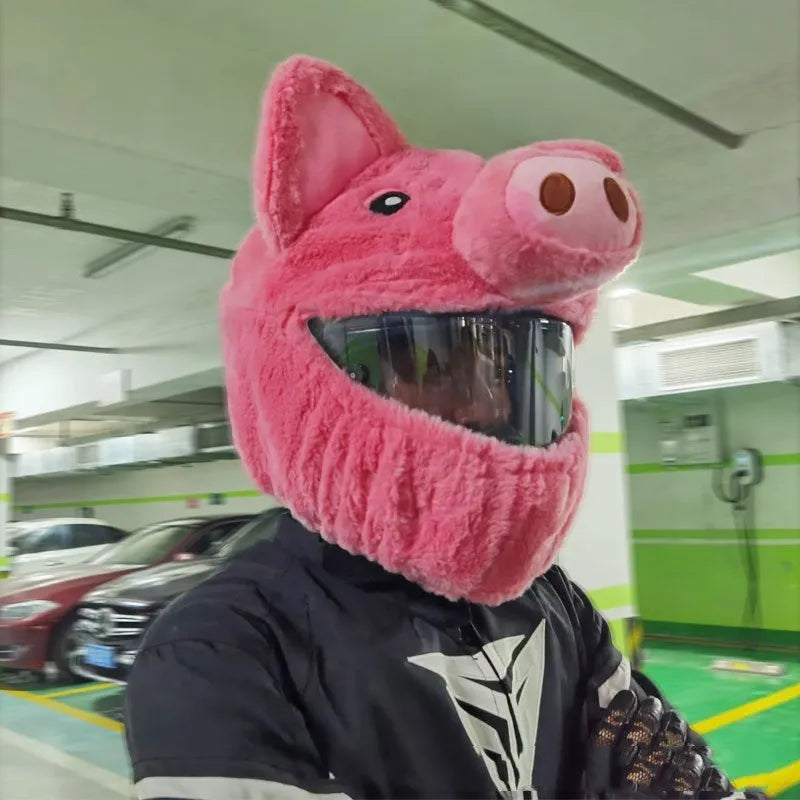 Pink pig cartoon plush protective hood for motorcycle helmets made from PV velvet cloth
