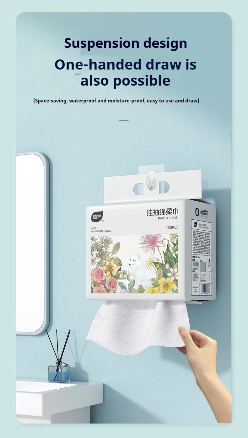 Disposable face cloth roll with hanging removable design, showing 100 sheets in winter and spring soft cotton style