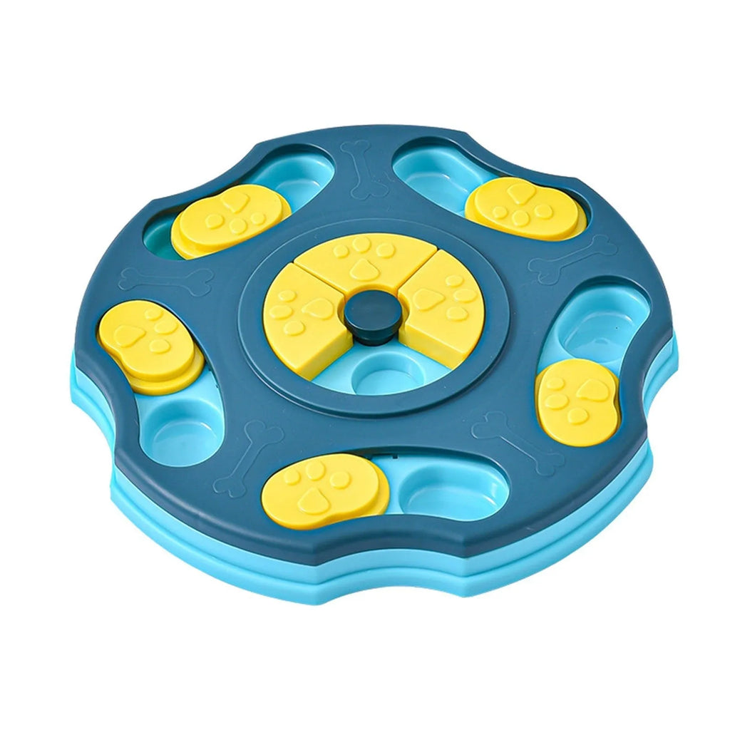 Blue dog puzzle toy bowl with food searching compartments for interactive feeding game