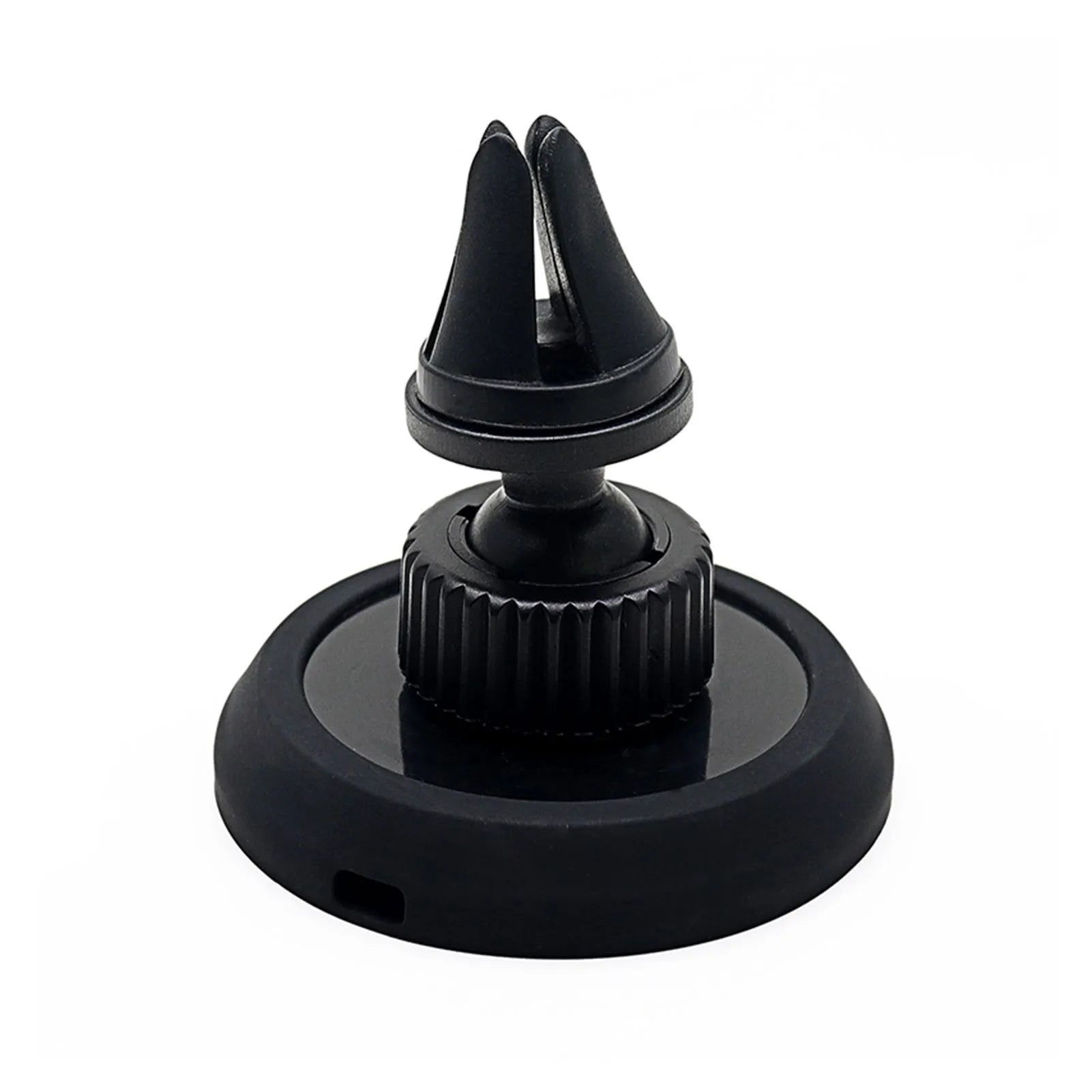 Black car magnetic phone holder showing dashboard mount and air vent clip options