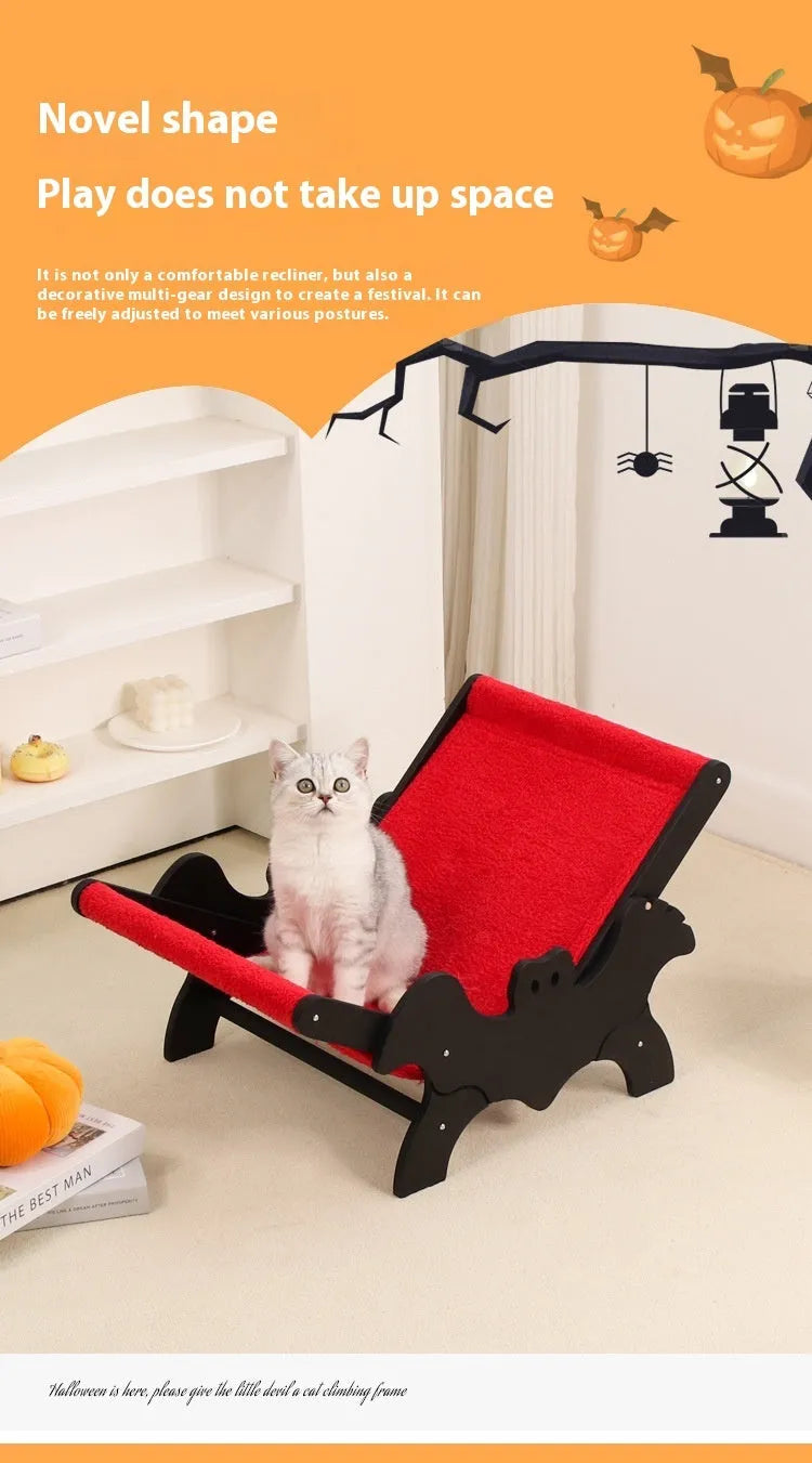 Black and red wooden cat recliner bed with bat design for Halloween theme