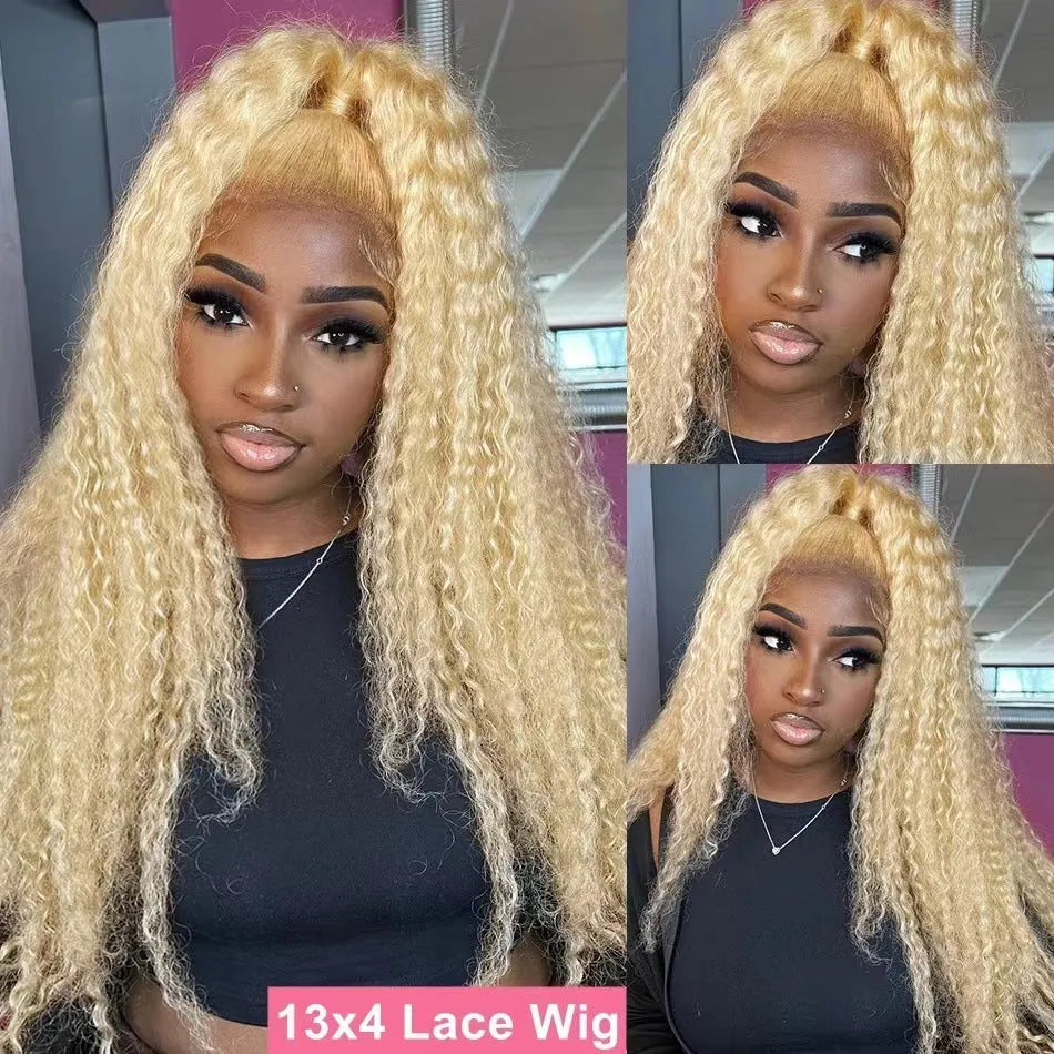 Long curly front lace full head wig for ladies in light gold high temperature fibre with side bangs