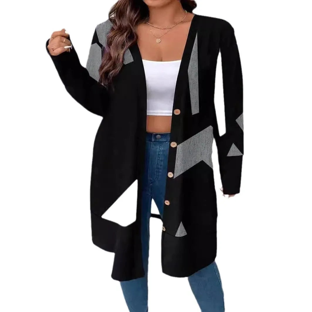Black loose plus size knit cardigan coat with button front and printing detail.