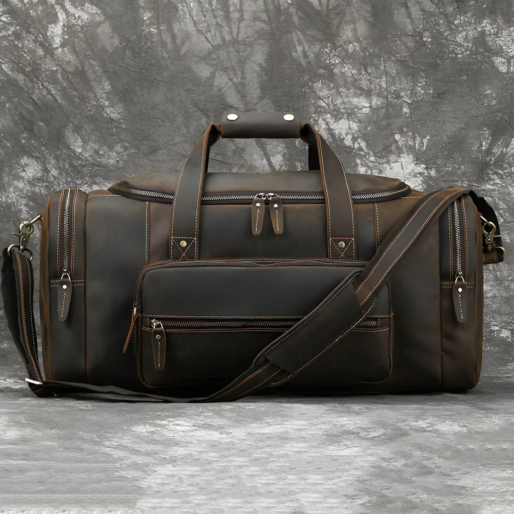 Men's genuine leather handbag large capacity 58cm dark brown full-grain cowhide crossbody bag