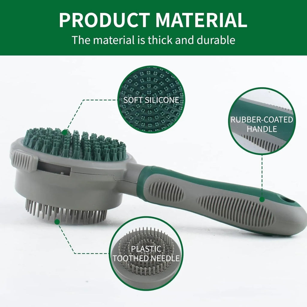 Green two-sided silicone pet brush with slicker brush and massager sides
