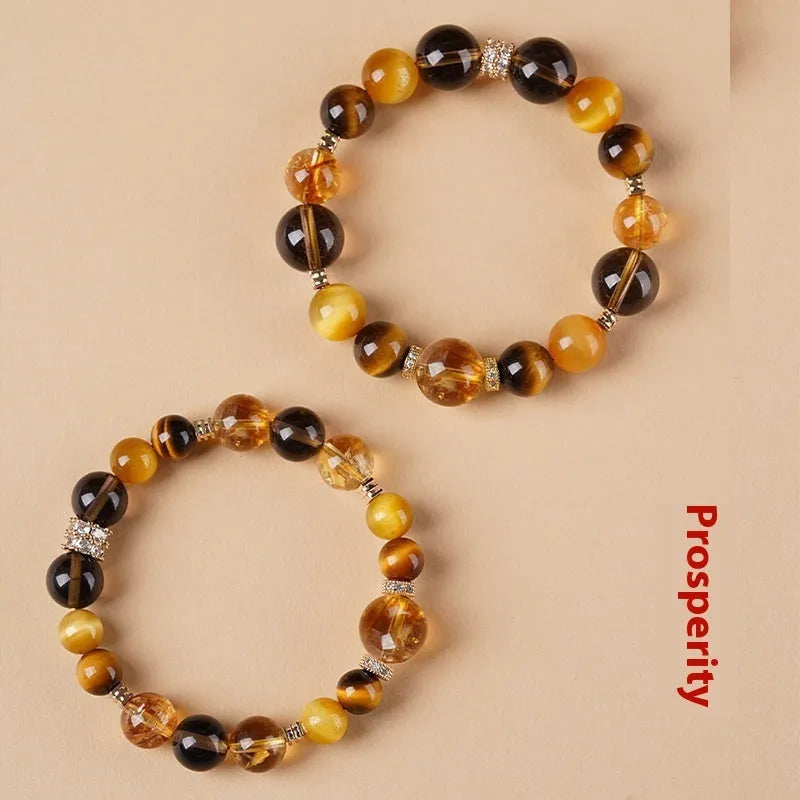 Yellow tiger-eye crystal bracelet with geometric tower pattern in 10mm and 12mm size options