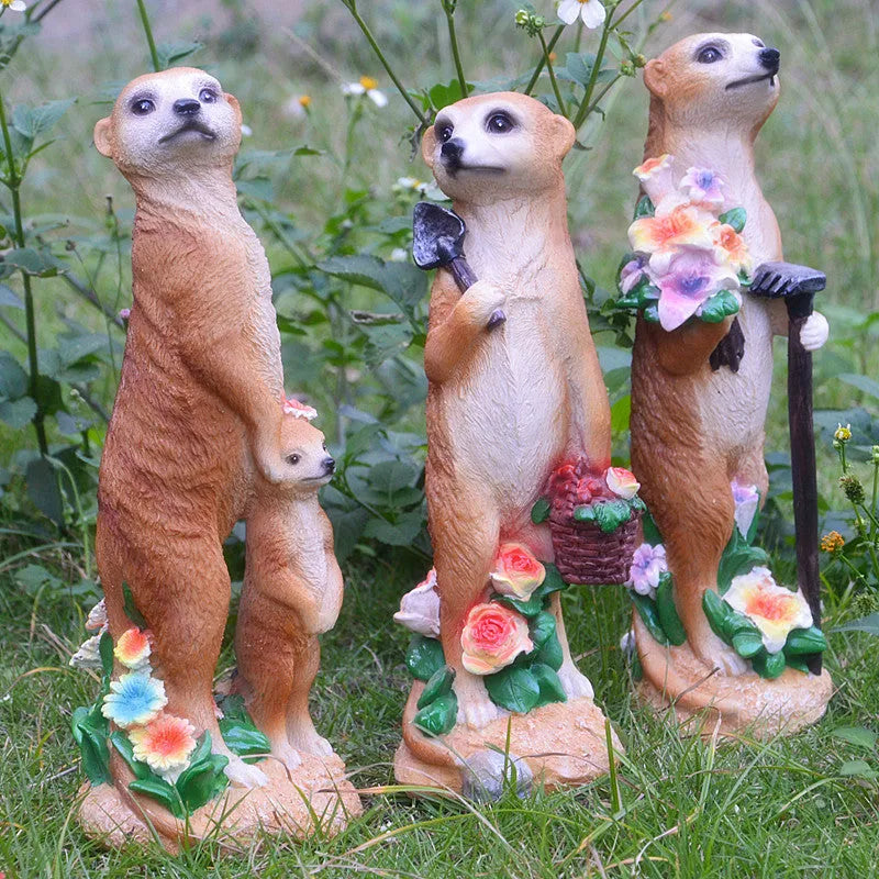 Straw hat mongoose resin garden ornaments with gardening tools in yellow brown colours