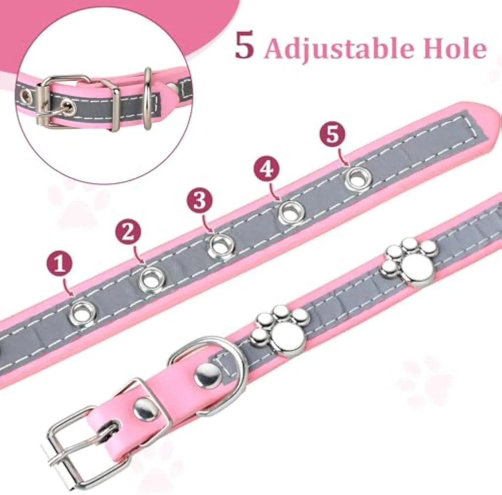 Reflective adjustable PU leather dog collar with paw rivet and metal buckle on a grey background.