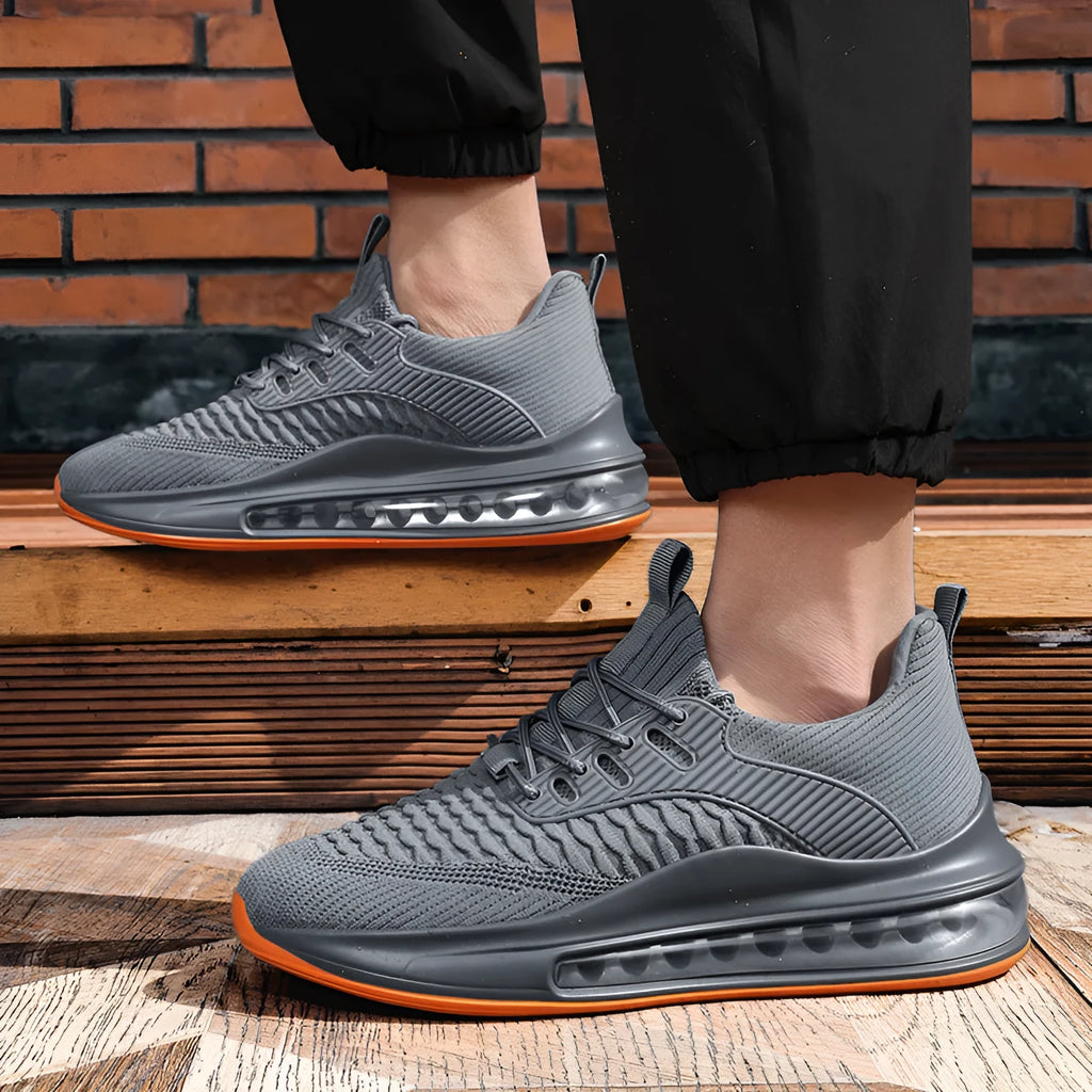 Men's black mesh running shoes with round toe, lace-up front, and rubber TPU sole.