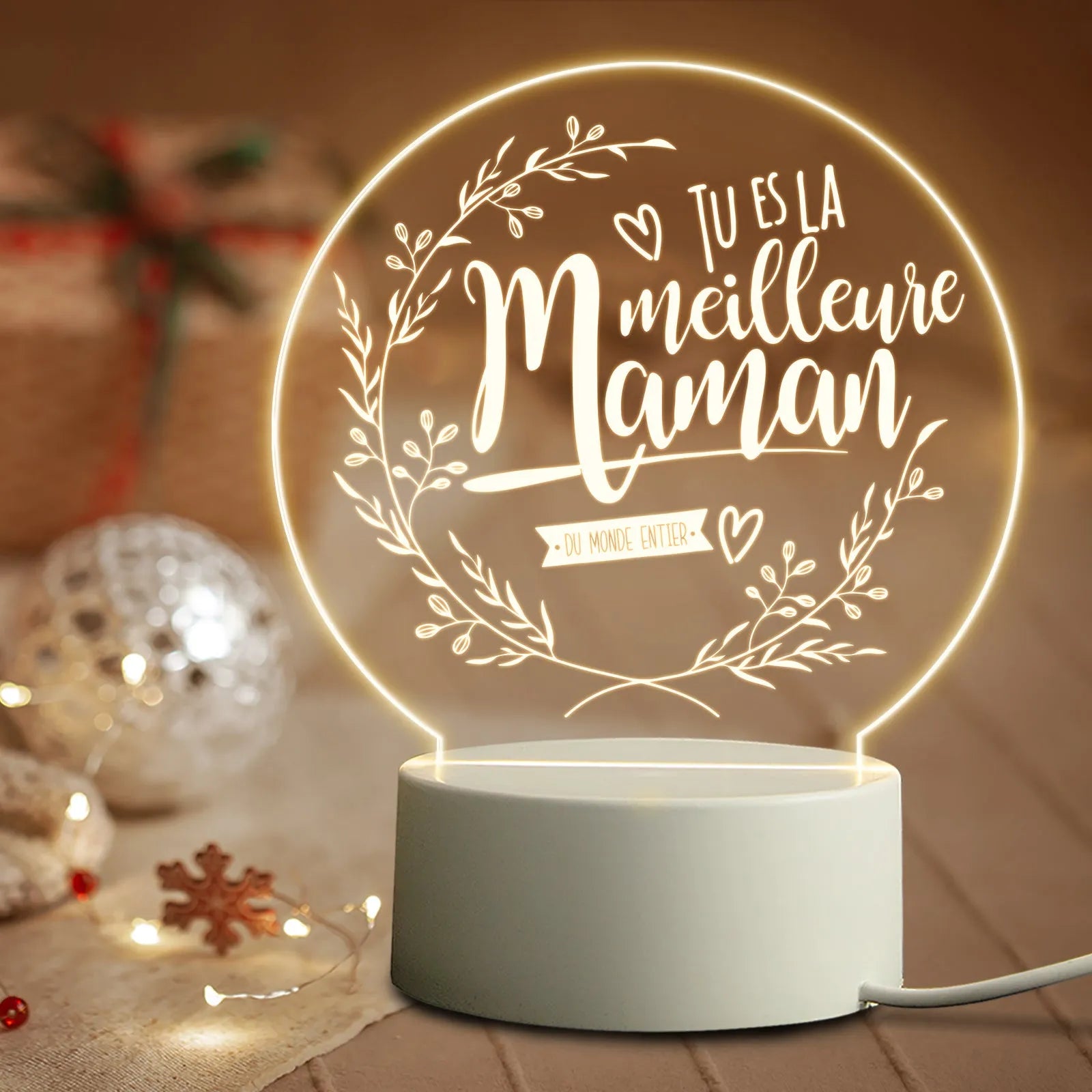 Modern minimalist LED night light with acrylic shade on a white ABS base, powered by a USB cable.
