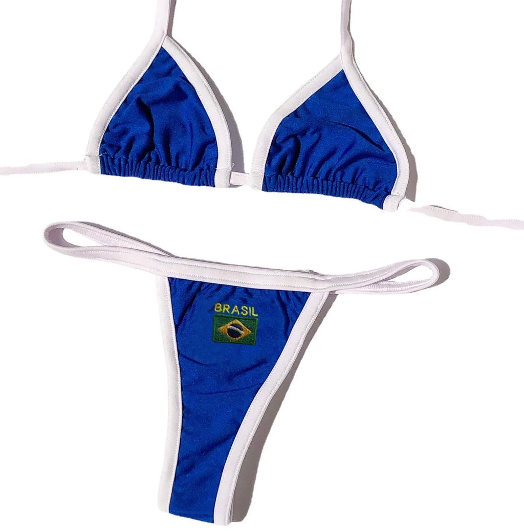 Women's yellow polyester bikini set with T-back bra and shorts-length bottoms laid flat.