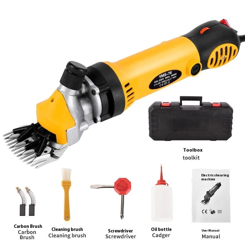 Yellow electric wool shearing machine with 110V plug and multiple blade attachments in plastic storage case