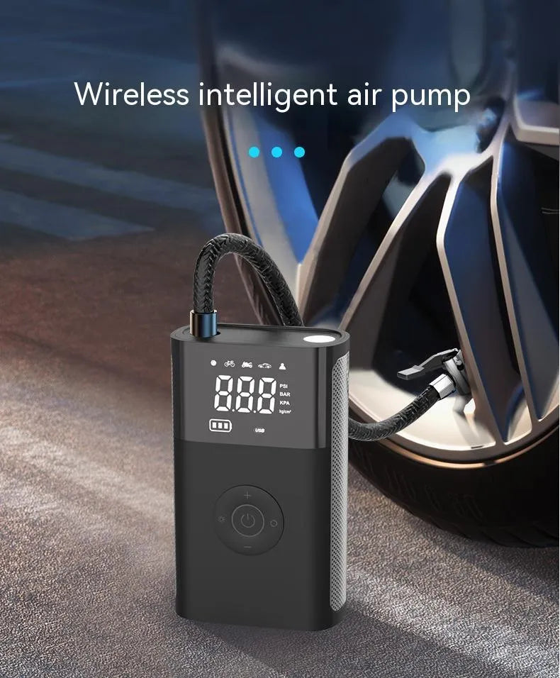 Handheld wireless digital display car tyre air pump with multiple nozzles and accessories