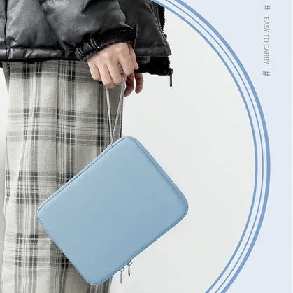 Imitation leather tablet protective case with fabric lining in black, light grey, pink and sky blue colours