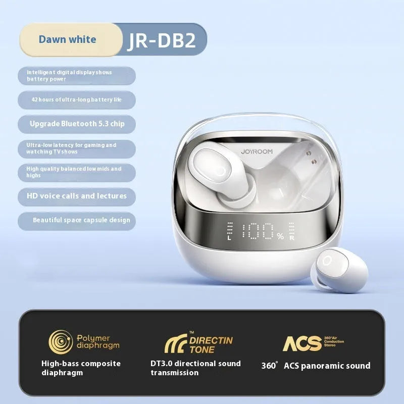 Wireless Bluetooth in-ear headphones in dawn white with a compact USB-C charging case.