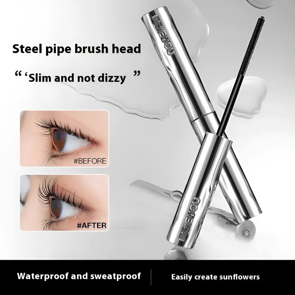 Steel tube waterproof mascara with eyelash curler option in black or brown