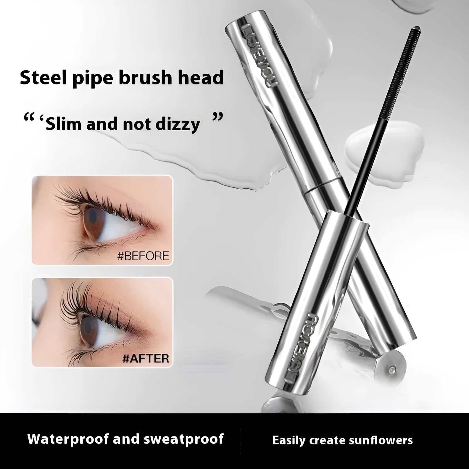 Steel tube waterproof mascara with eyelash curler option in black or brown