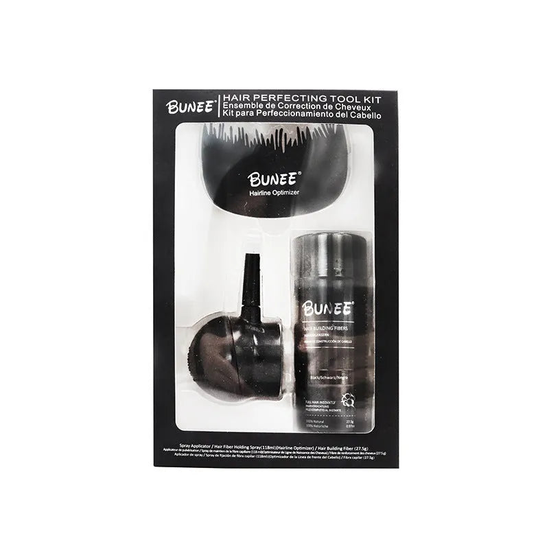 Boxed three-piece hair fibre powder set with spray bottle and comb for thinning hair coverage.